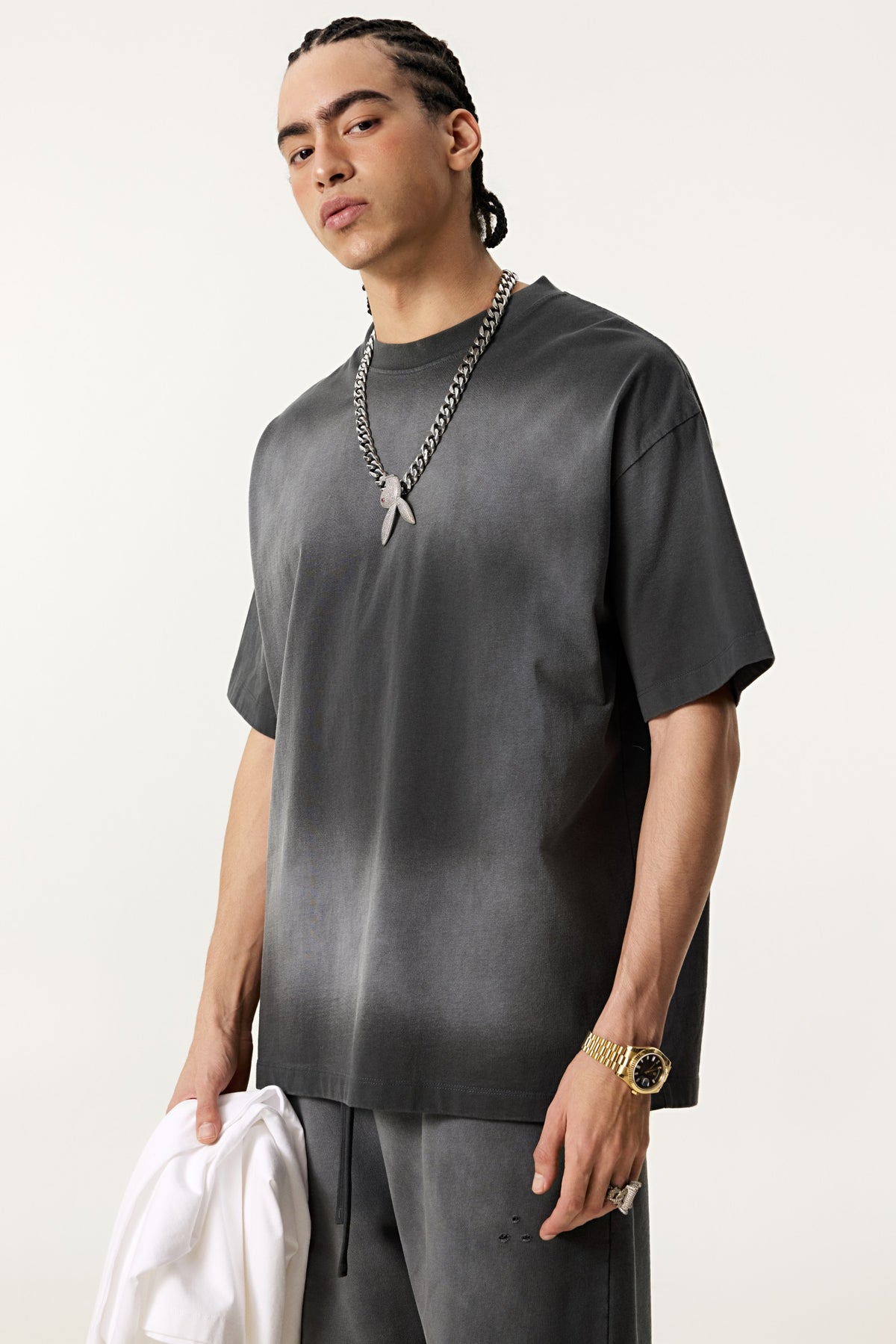 285GSM Unisex Monkey Wash PP-Sprayed  Plain Fabric T-shirt Vintage Dark Grey